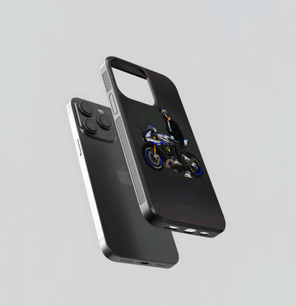 Motorcyclist with Blue and Yellow Sport Bike Glass Case