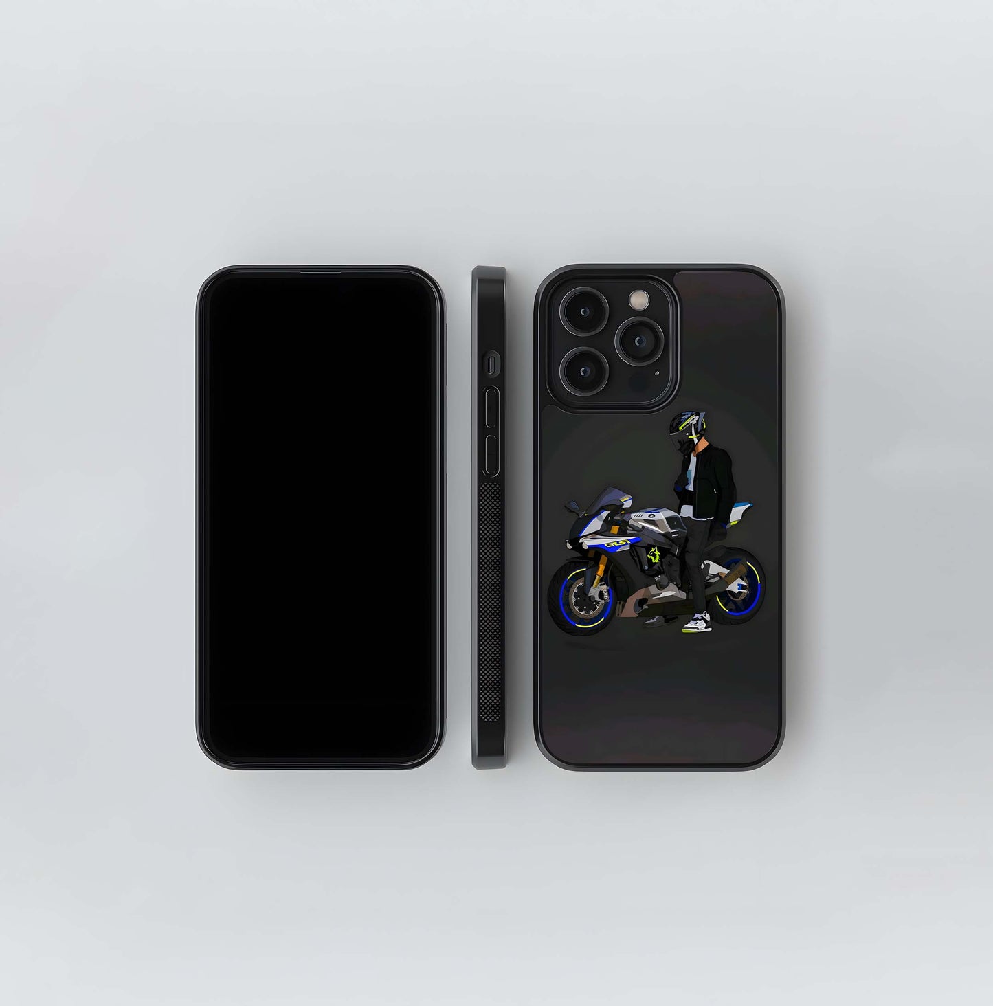 Motorcyclist with Blue and Yellow Sport Bike Glass Case