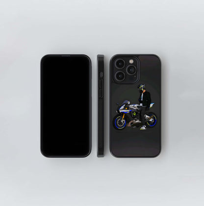 Motorcyclist with Blue and Yellow Sport Bike Glass Case