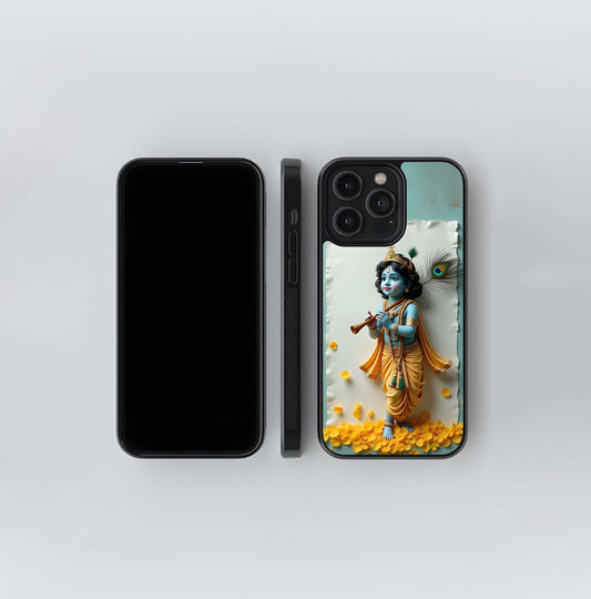 Cute Baby Krishna Flute Statue Glass Case