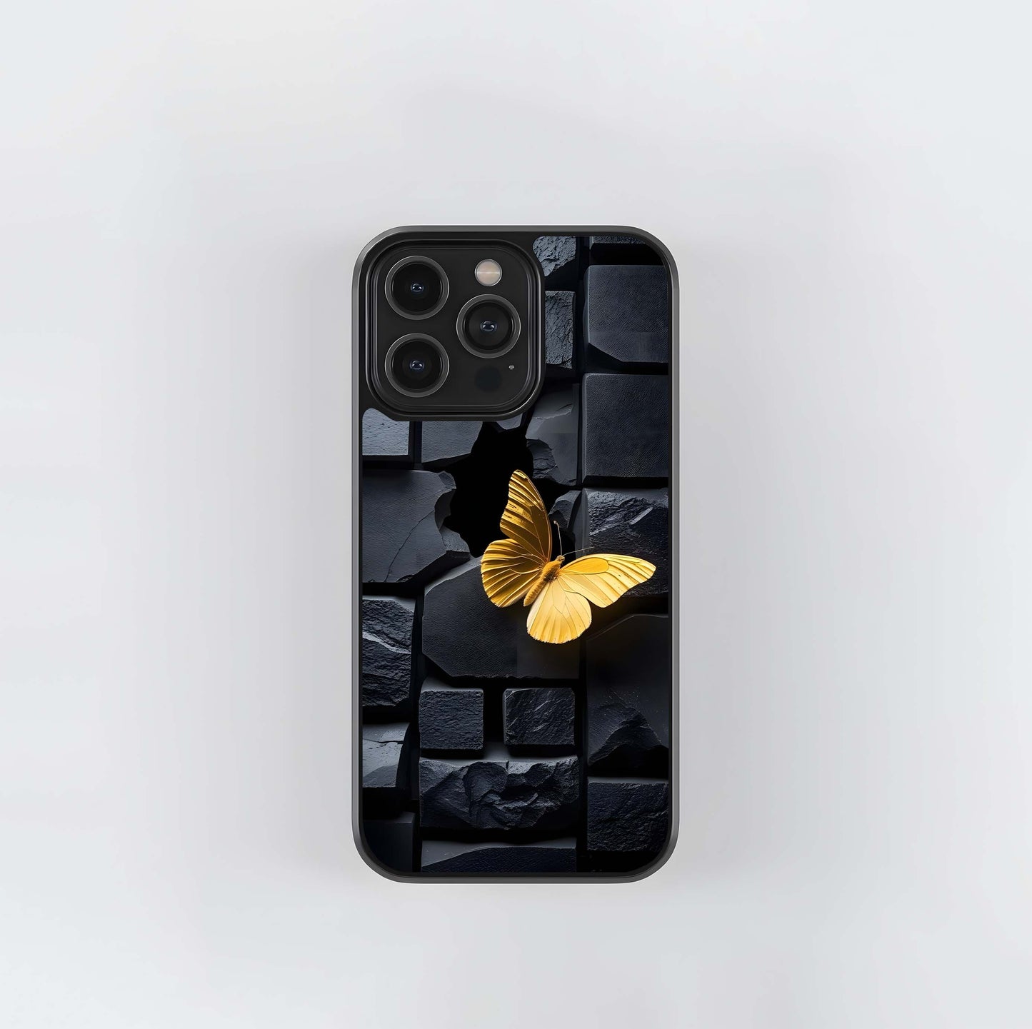 Golden Butterfly on Cracked Black Stone Wall Glass Case