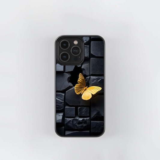 Golden Butterfly on Cracked Black Stone Wall Glass Case