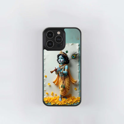 Cute Baby Krishna Flute Statue Glass Case