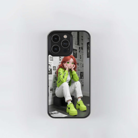 Neon Green Anime Girl with Newsprint Wall Glass Case