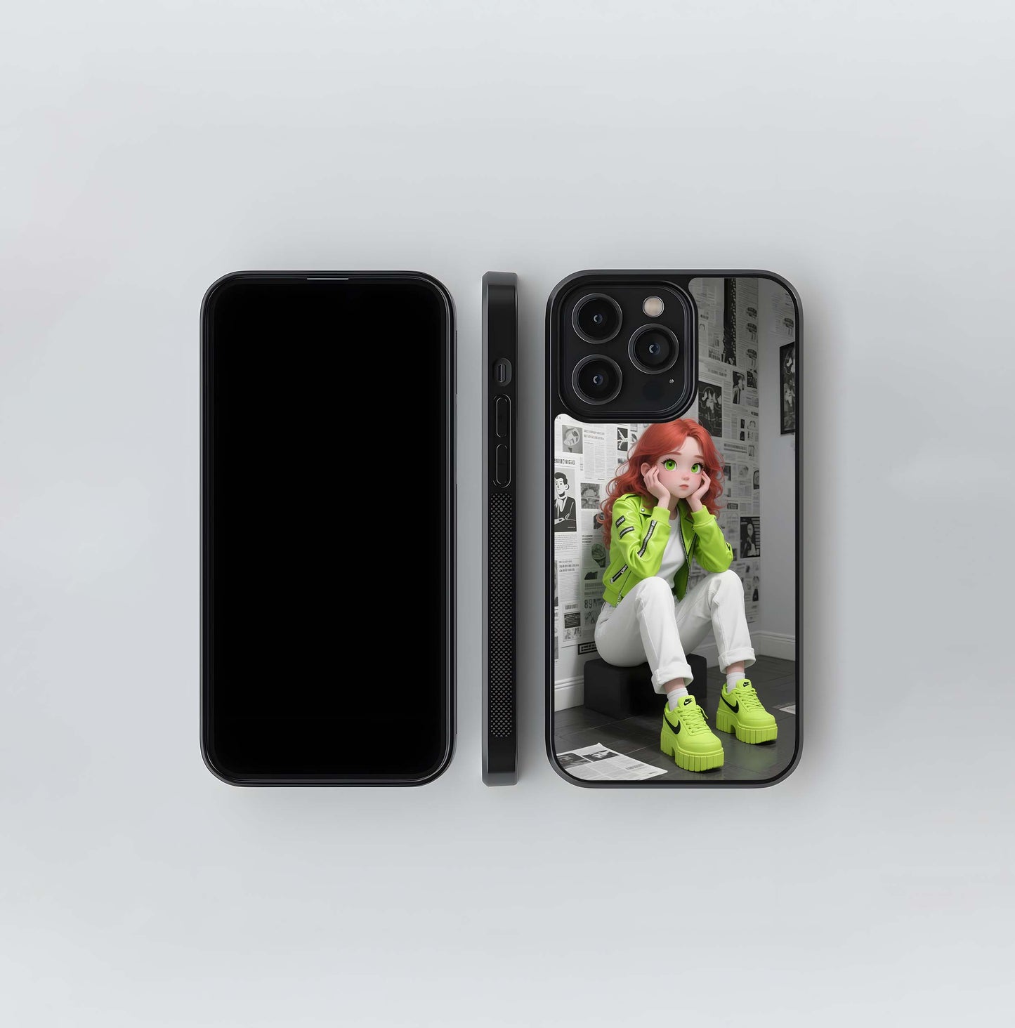 Neon Green Anime Girl with Newsprint Wall Glass Case