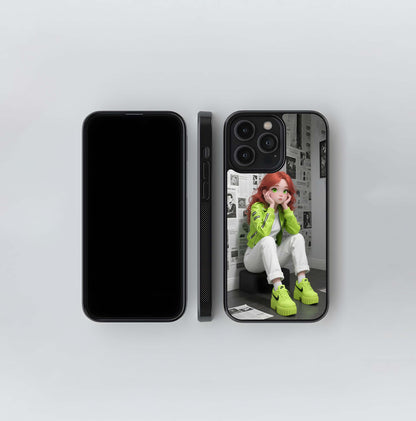 Neon Green Anime Girl with Newsprint Wall Glass Case