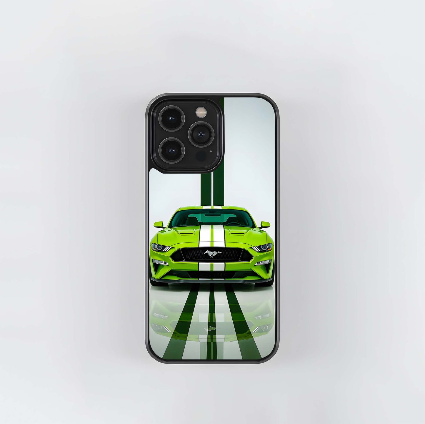 Neon Green Mustang with White Racing Stripes Glass Case