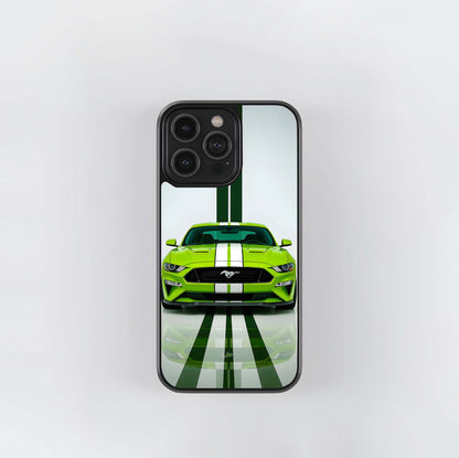 Neon Green Mustang with White Racing Stripes Glass Case