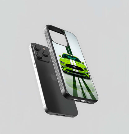 Neon Green Mustang with White Racing Stripes Glass Case