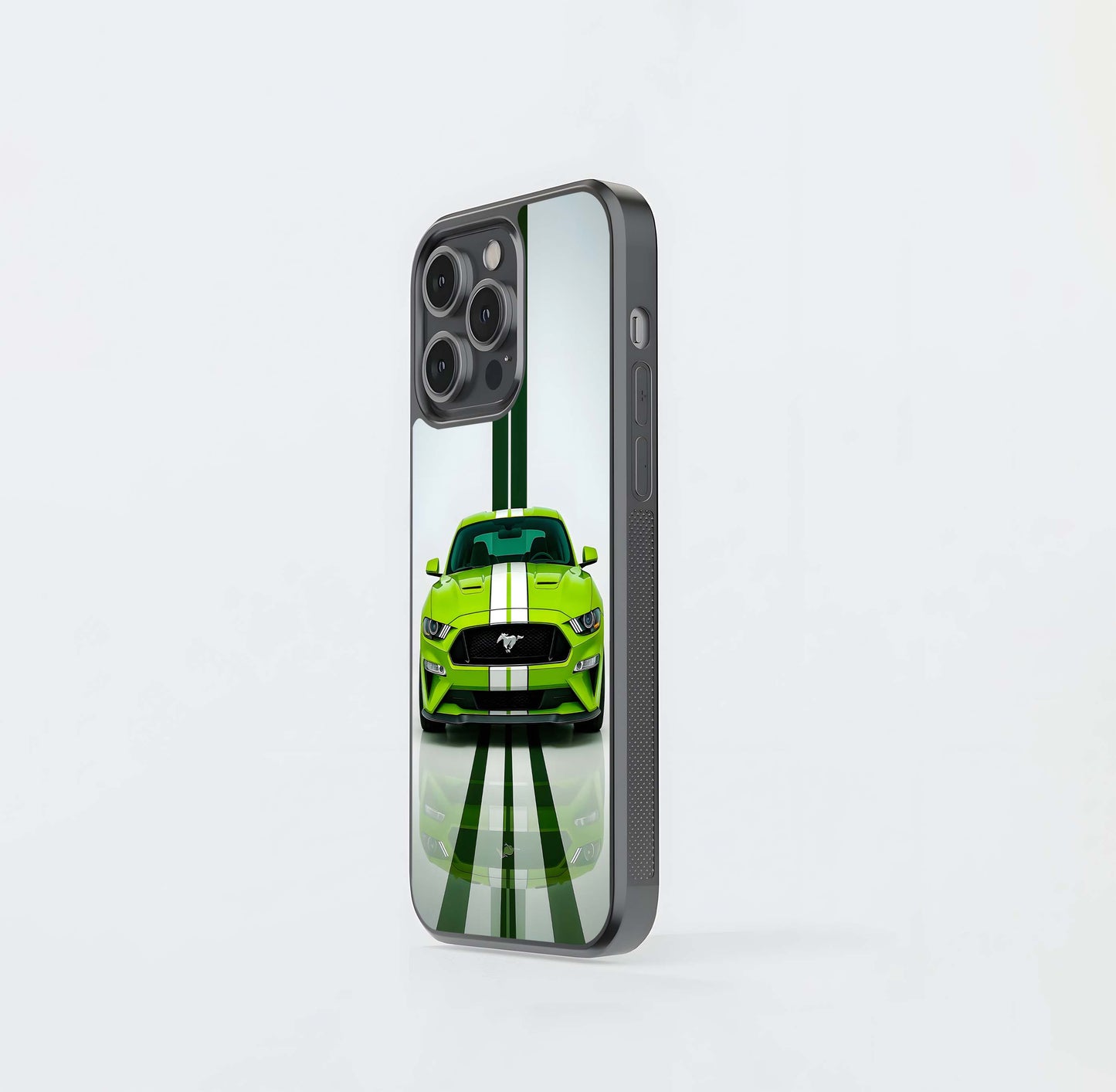Neon Green Mustang with White Racing Stripes Glass Case