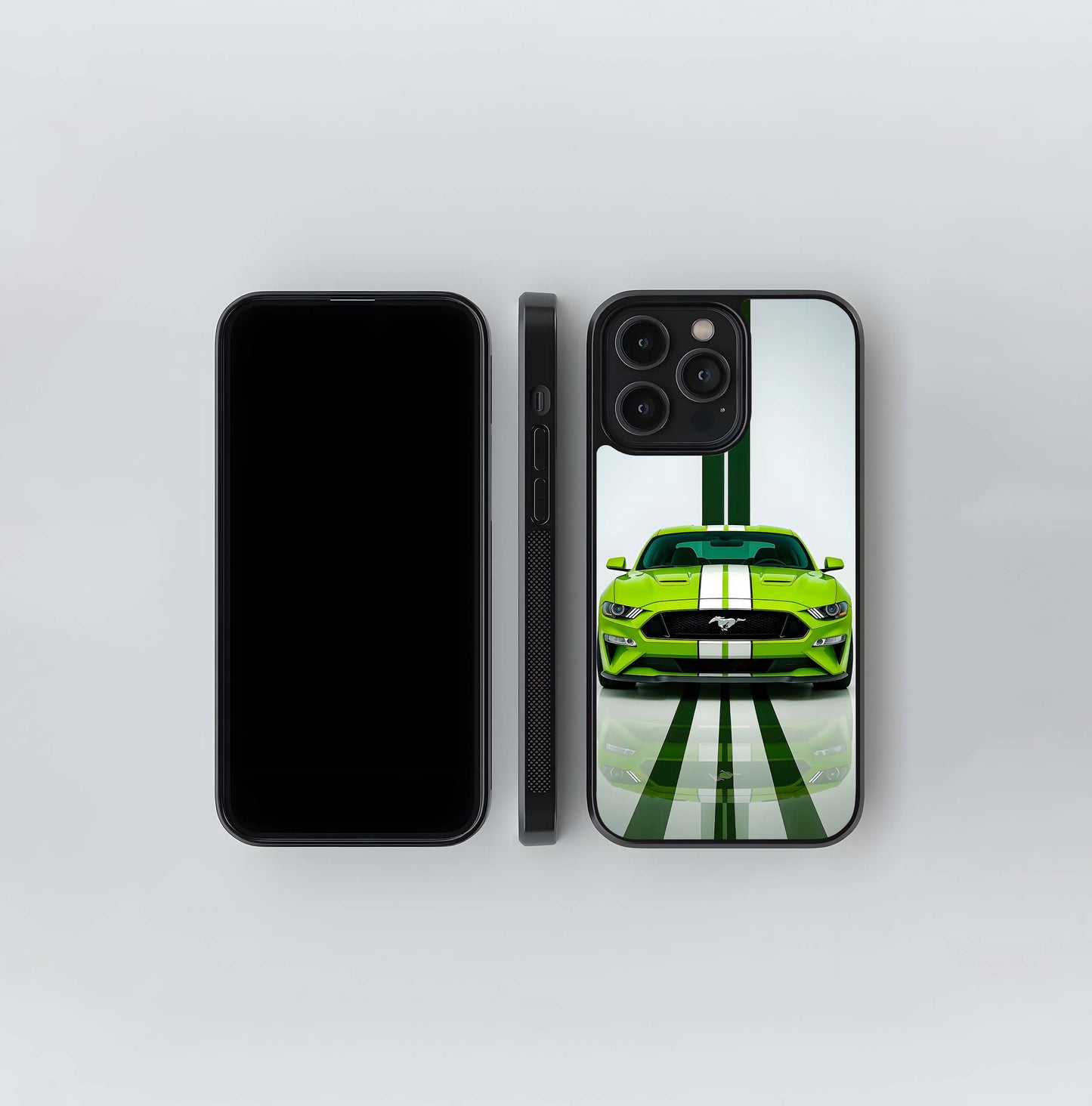 Neon Green Mustang with White Racing Stripes Glass Case