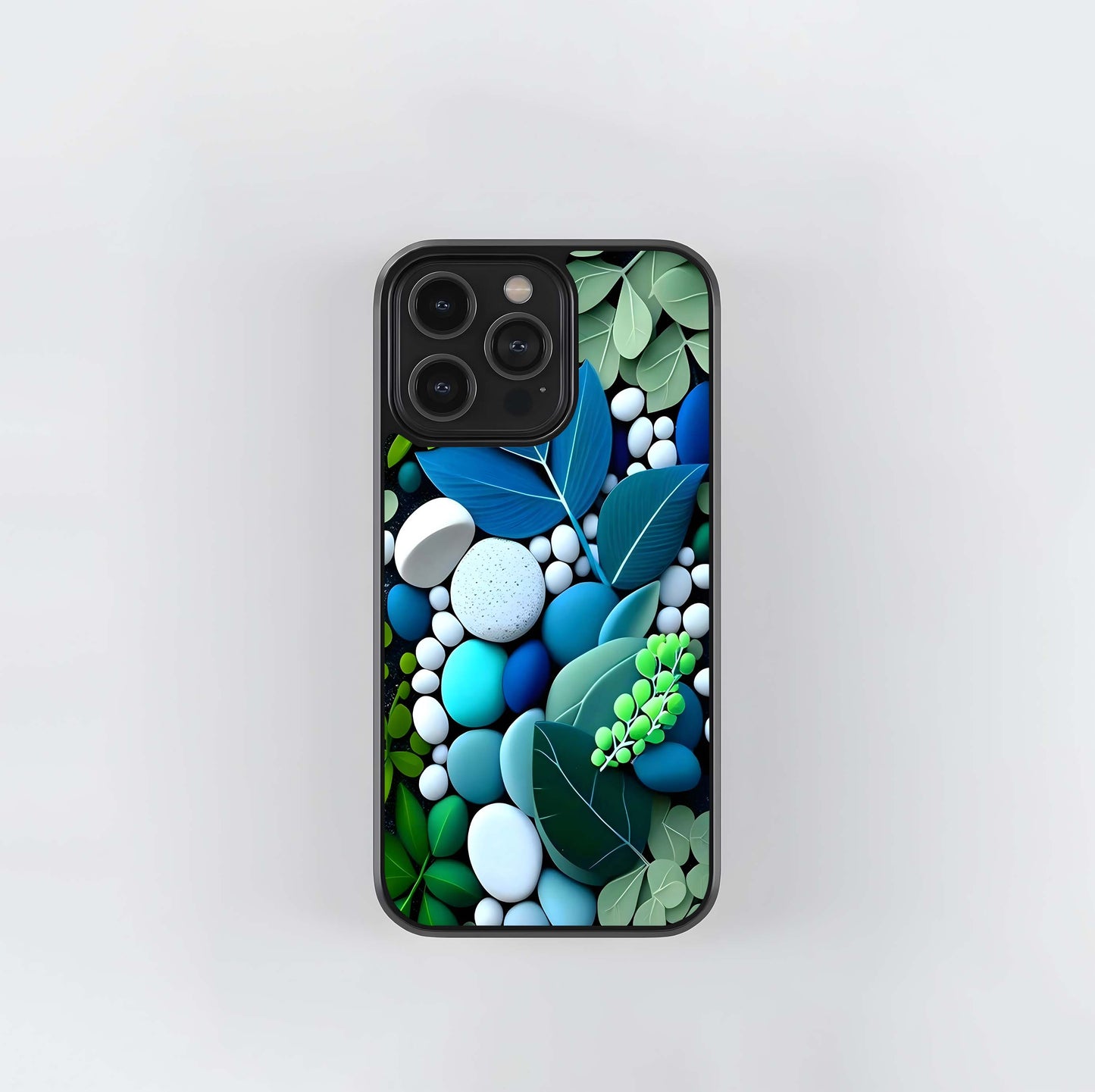 Blue and Green Foliage and Pebbles Glass Case