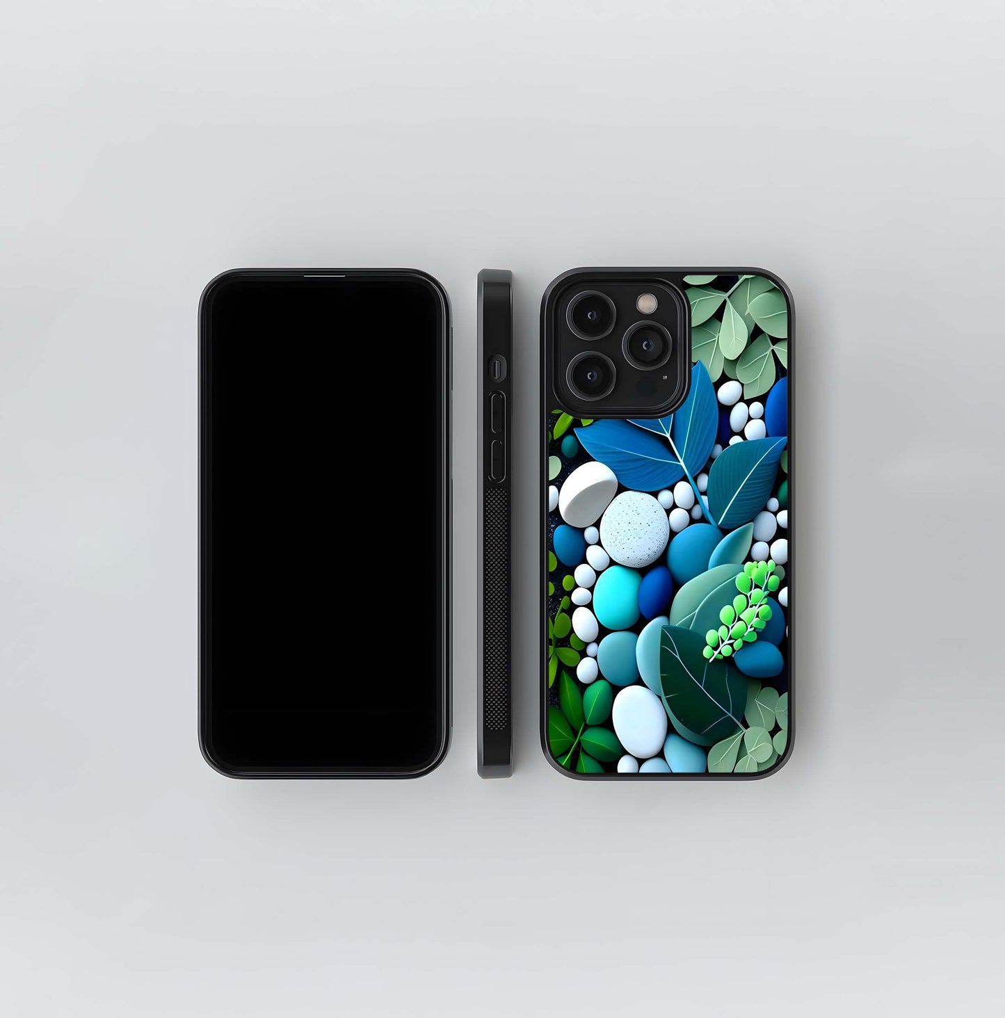 Blue and Green Foliage and Pebbles Glass Case
