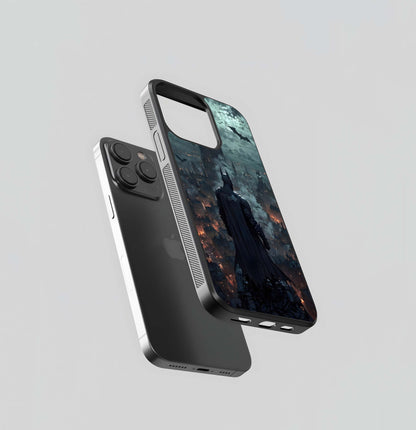 Batman overlooking a sprawling, moody city at night Glass Case