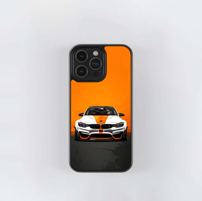 Orange and White BMW M Race Car Front Glass Case
