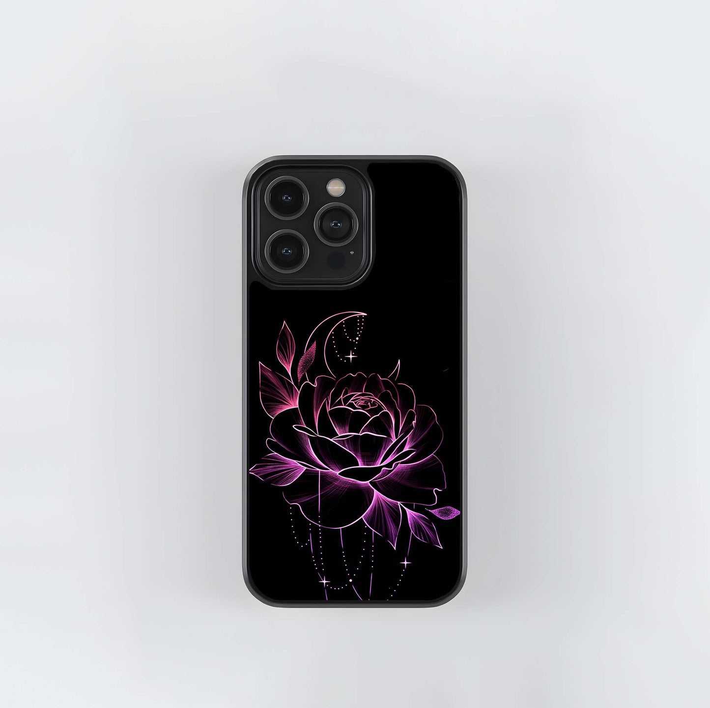 Neon Pink Rose with Crescent Moon Glass Case