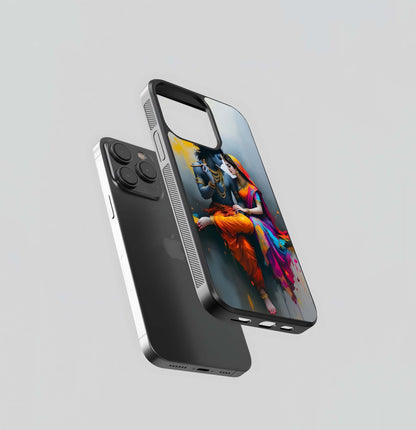 Vibrant Radha Krishna Embrace Glass Case