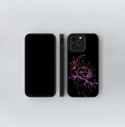 Neon Pink Rose with Crescent Moon Glass Case
