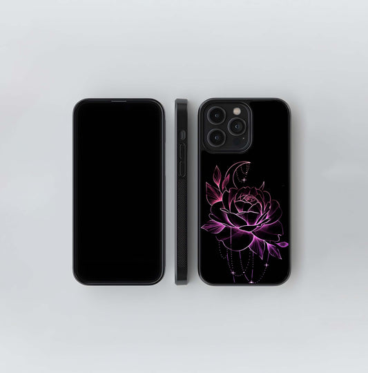 Neon Pink Rose with Crescent Moon Glass Case