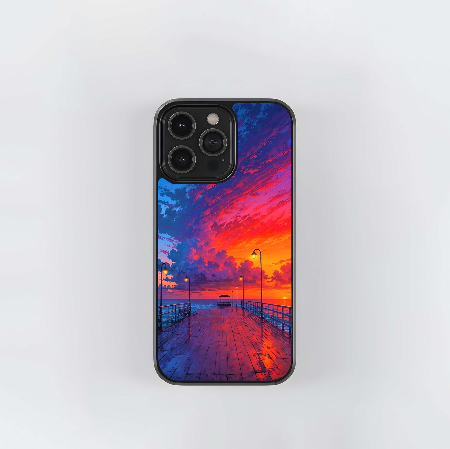 Pier Under Fiery Sunset Glass Case