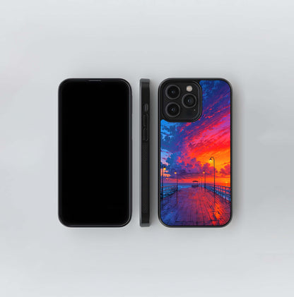 Pier Under Fiery Sunset Glass Case