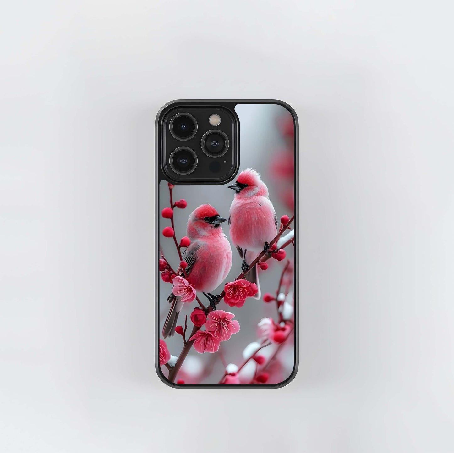 Pink Plum Blossom Finches Glass Case