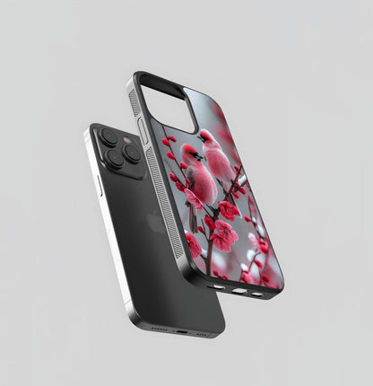 Pink Plum Blossom Finches Glass Case