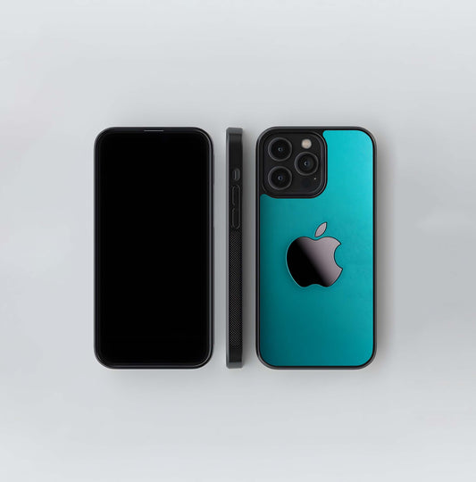 Black Glossy Apple on Teal Background Glass Case