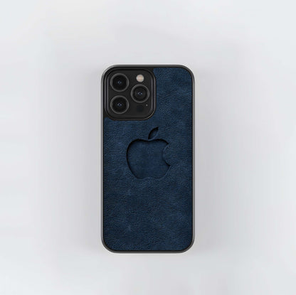 Debossed Apple Logo on Navy Leather Texture Glass Case