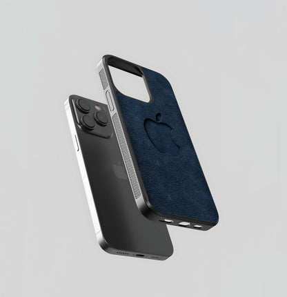 Debossed Apple Logo on Navy Leather Texture Glass Case