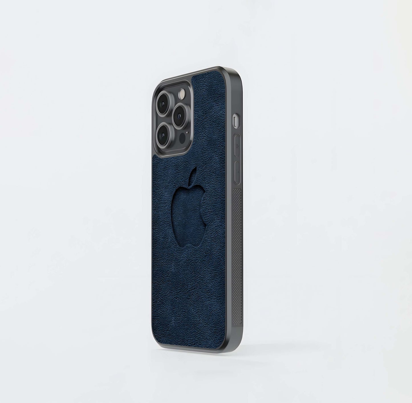 Debossed Apple Logo on Navy Leather Texture Glass Case