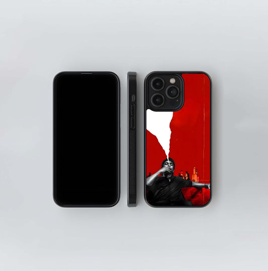 Monochrome Smoker at Bar on Red Background Glass Case