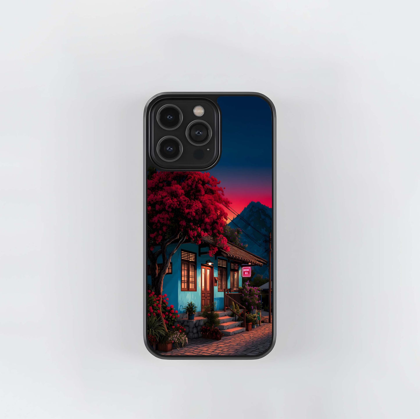 Blue house with red tree at sunset Glass Case