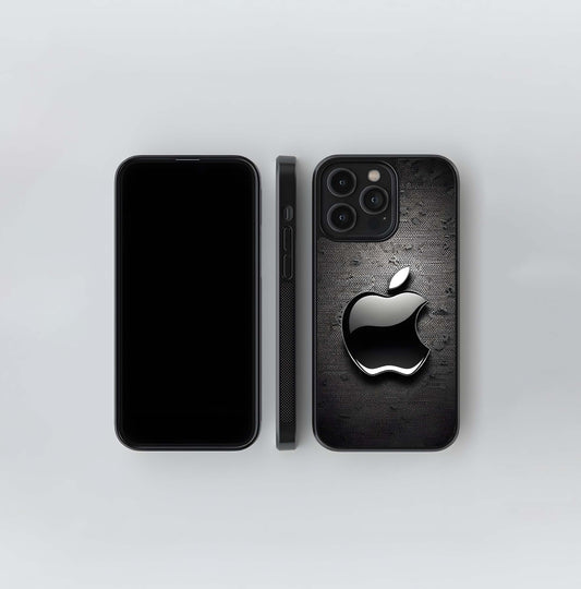 Glossy Black Apple Logo on Metal Mesh Glass Case