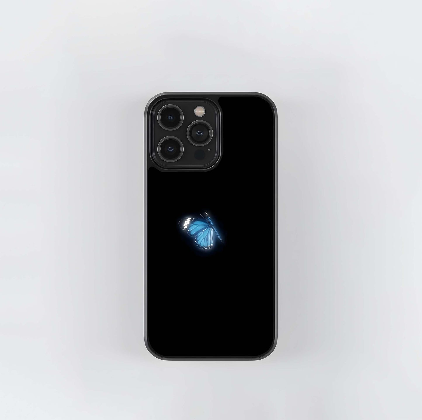 Single Neon Blue Butterfly on Black Glass Case