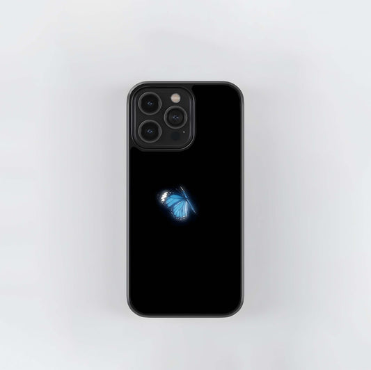 Single Neon Blue Butterfly on Black Glass Case