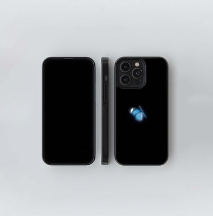 Single Neon Blue Butterfly on Black Glass Case