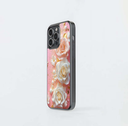 Blush and Gold Glitter Roses Glass Case