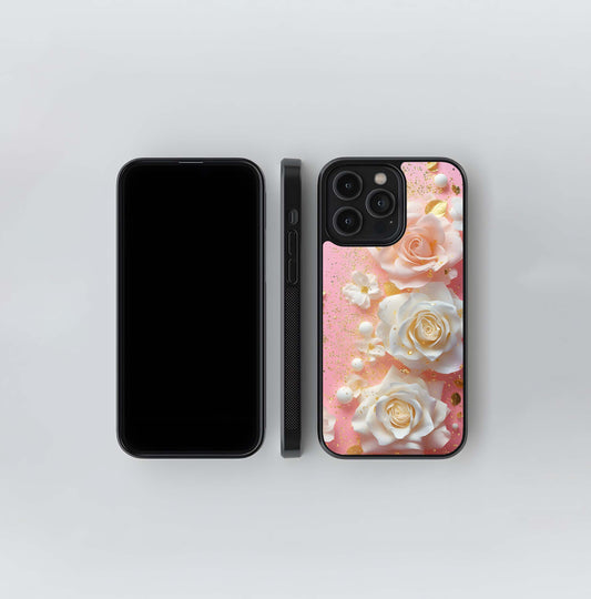 Blush and Gold Glitter Roses Glass Case
