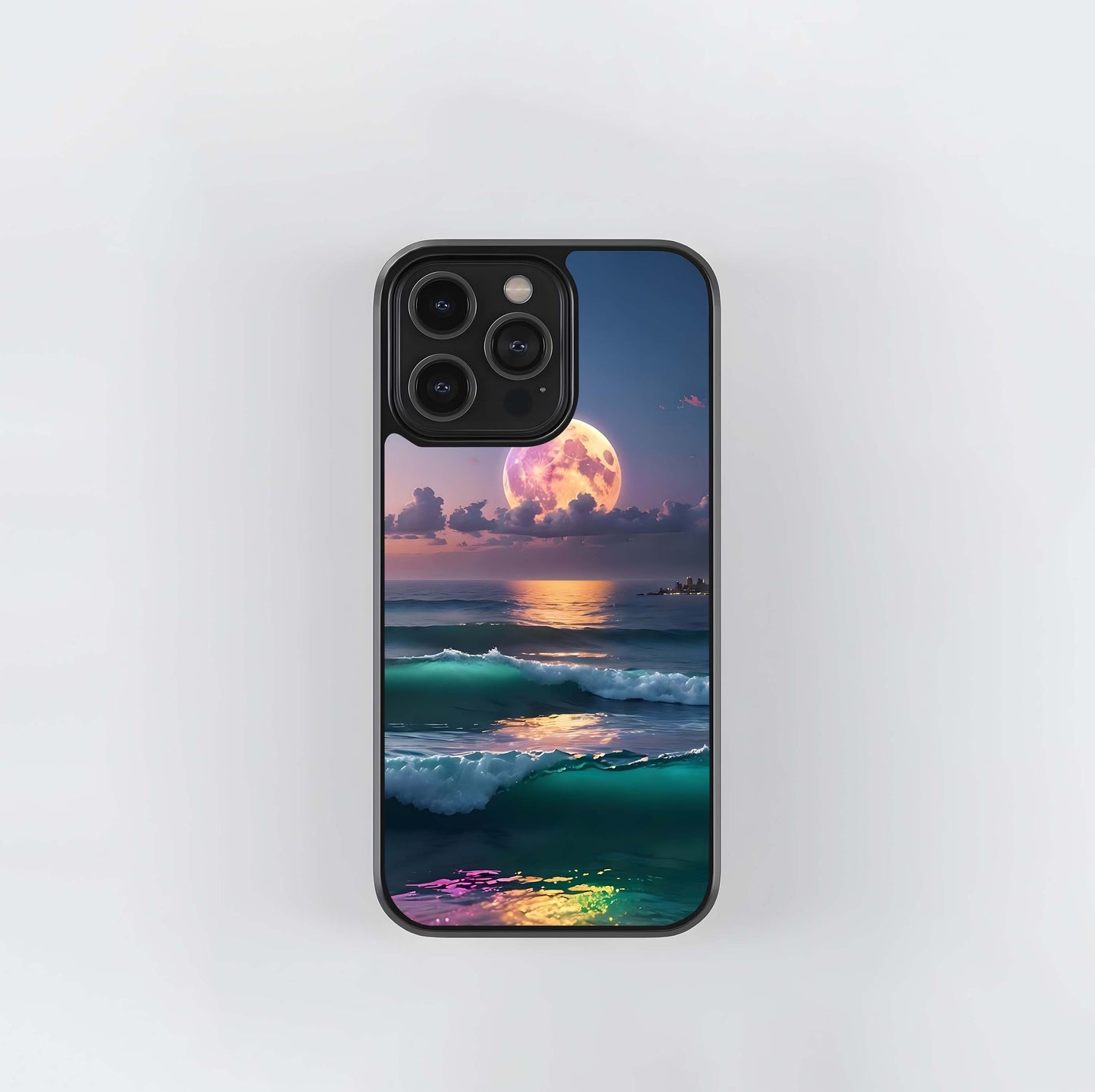 Supermoon Over Neon Waves Glass Case