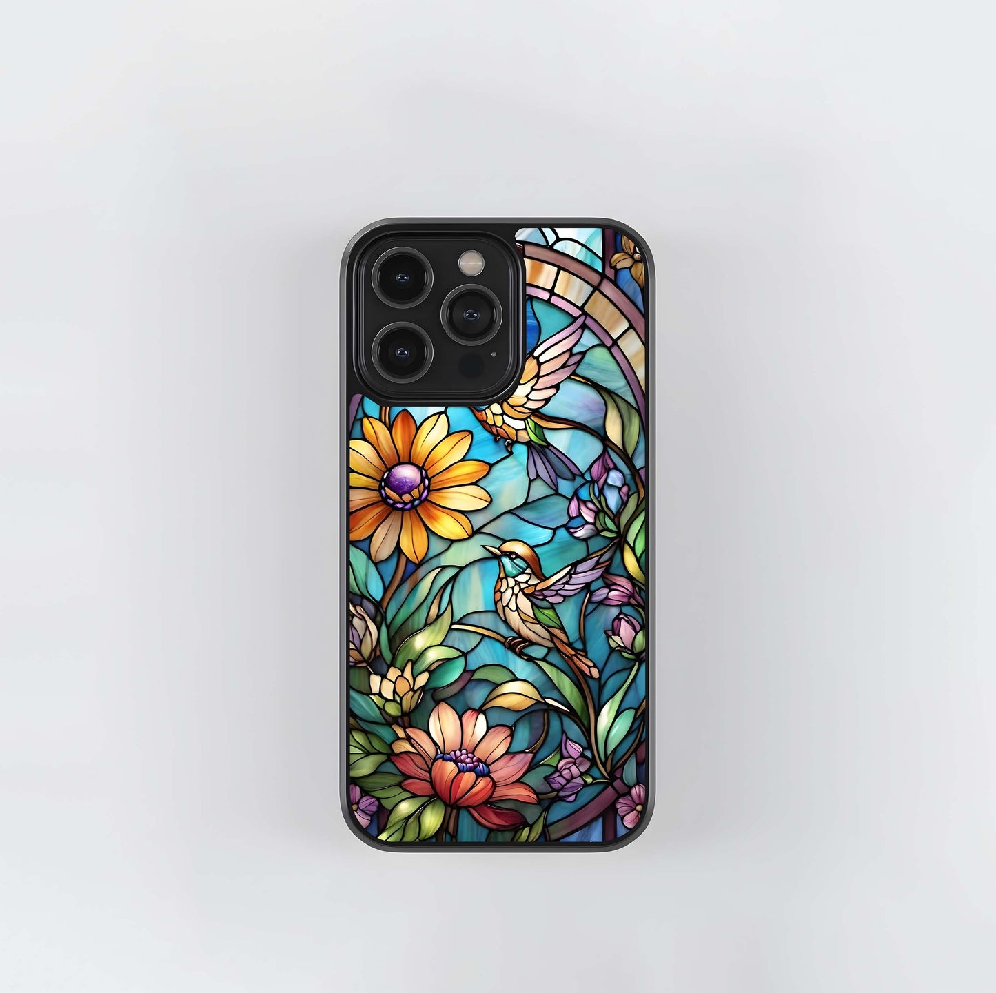 Stained Glass Birds and Flowers Glass Case