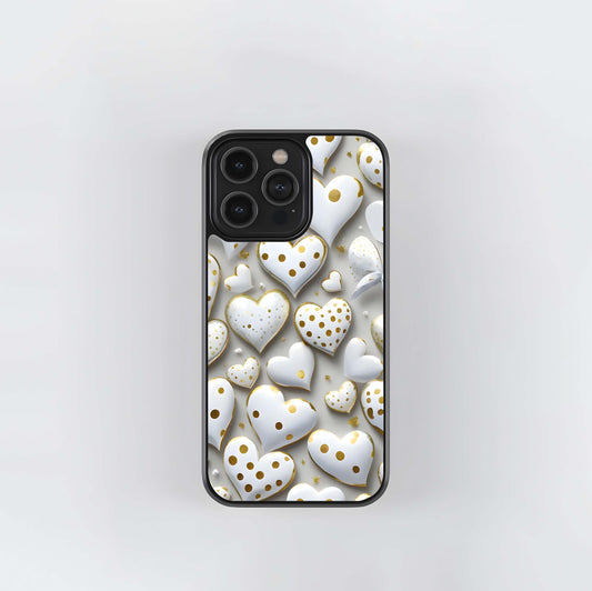 White and Gold Polka Dot Hearts Glass Case