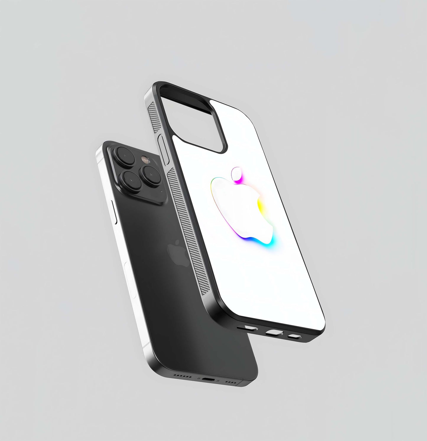 White Apple Logo with Rainbow Glow Outline Glass Case