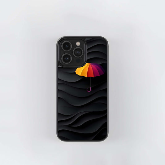Rainbow Umbrella on 3D Black Waves Glass Case