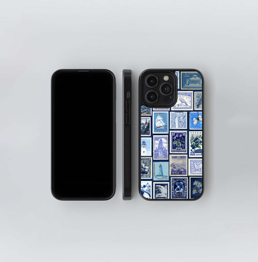 Blue Stamp Collage Glass Case