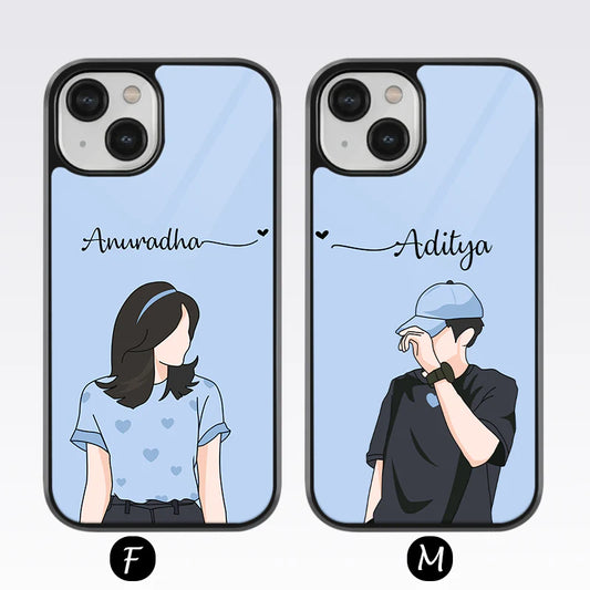 Cute Couple V2 Custom Name Glass Case ( 2 FREE Keychains )